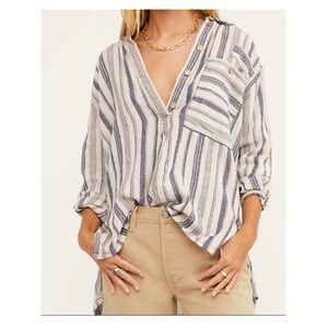 Free People Summer Breeze Striped Linen Henley Tunic Shirt Top S Blue White